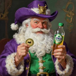 Uncle Aloysius SNAKEOIL brand Santa SIPTECH petroleum vitamin christmas cowboy corporate kitsch promotion, purple green color scheme, edible bull run token drink sponsored by UNCO