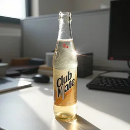 light refraction through a moving, half full Club Mate bottle, photograph, sunshine, office desk