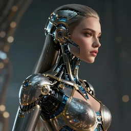sideview waist up portrait of beautiful cyborg woman by sandra chevrier, by ibrahem swaid noobovich, cybernetics, glamor shot, closeup, f / 2. 8, low contrast, cinematic rim shaded lighting, hyper realistic detailed intricate render, hypermaximalist, ornate, epic composition, 4 k 8 k, cryengine, sharp focus, masterpiece