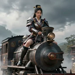 movie frame with asian female riding on top of the steam punk train, provocative, armor inspired by ancient japan and fashion, symmetrical face, epic, perfect body, award winning, establishing shot, extremely high detail, photorealistic, octane render