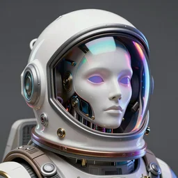 portrait of a biomechanical head inside a futuristic space helmet, vintage, neon, white metal, iridescent visor,  smooth, sharp focus, high detail, deviantart, artstation, art by Raymond Swanland,
