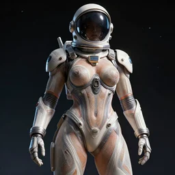 ornate beautiful voluptuous cyborg in full body skin space suit, helmet, concept art, joshua rife, photoshoot, intricate, highlydetailed, space background, artstation 4 k raytracing, shadows, highlights, illumination