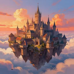 medieval city floating above the clouds at sunset, vibrant digital concept art painting by greg rutkowsky and santeri soininen, trending on artstation