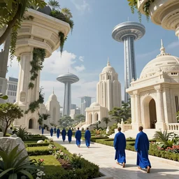 geometric hanging garden based on the design of versailles in a megacity made of travertine brutalist temples, group of monks in blue robes wandering in the garden, large aluminum space elevators in the distance, sci-fi, blue sky with clouds, optimistic matte painting, concept art, style by syd mead, 8k, octane render