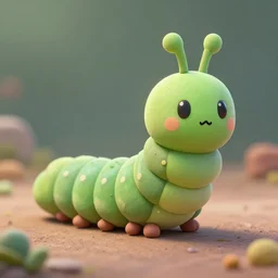 symmetrical intricate murky clay cute friendly green caterpillar worm character, in the style of craola, macro lens, shallow depth of field, highly detailed, digital painting, trending artstation, concept art, illustration, cinematic lighting, pastel, photorealism, epic, octane render