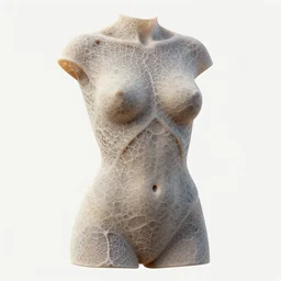 female torso constructed in translucent organic voronoi and venation web patterns, 3 d, clay render, ultra detailed, three quarter view