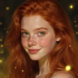 a highly detailed, hyper realistic, red haired girl, with long hair, green eyes, hint of freckles, gentle face, cheeky smile, among golden fireflies, deep focus, elegant, digital painting, smooth, sharp focus, golden ratio, illustration, ultra realistic, 8 k, art by artgerm and caravaggio