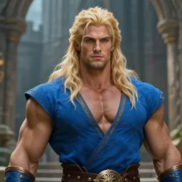 blonde gigachad wizard in ancient castle, wearing blue clothes, herculean bulging muscular figure, beautiful gigachad, soft lighting, highly detailed face!!, sharp focus, artstation, by gaston bussiere, augustus edwin john and john singer sargent and greg rutkowski
