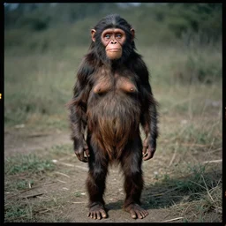 “ Full body portrait of a primitive pre-human woman Neanderthal looking deeply to the camera, blue eyes, smiling, anthropology photography, color kodakcrhome 64,National Geographic ”