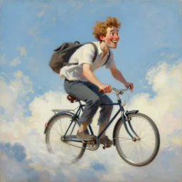 A whimsical painting of a happy man flying in the sky on his bicycle in the clouds, action shot, subject is smiling, expressive oil painting