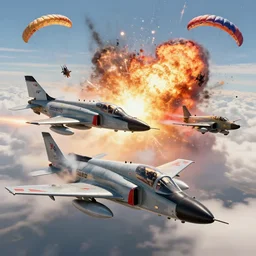 an epic dogfight between a f 4 f - 4 wildcat and a mitsubischi a 6 m 2 b - 2 1 zero, full colour, 8 k cinematic photography, explosions in the background, parachutes, ultra realistic digital art, unreal engine