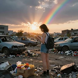 wide photo of young woman beauty in mini short with backpack looking at food at garbage dump, destroyed cars, city is pure wasteland, moody sunset background, rays of sunlights, ( ( ( rainbow ) ) ), high details, sharp, photorealism, greg rutkowski, artgerm, unreal engine, highly detailed