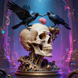 a full - body portrait of a man with an open skull, with a crow!!!!!!! eating!!! brain!!!!!, cult dystopian neon environment, intricate, elegant, highly detailed, rule of thirds, digital sculpture, artstation, 8 k rendering, ray tracing, by salvador dali and david cronenberg