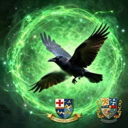 a crow flying through a portal with green magical aura, full colour, family crest, coat of arms, very detailed, jonathan pointer, janie penny,
