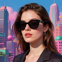 A woman wearing sunglasses in front of a retrowave city by Artgerm and Greg Rutkowski and Magali Villeneuve, ultra intricate details, photorealistic,, HDR,