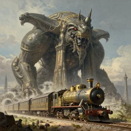 incredibly colossal giant ancient train. extremely high details, artstation contest winner, masterpiece, fantasy art, digital art by anthony brault, gustave dore, mcbess