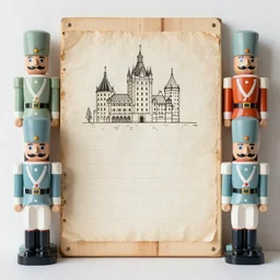 wooden soldiers, wooden board, manuscript, chateau, nordic pastel colors, perfect lightning