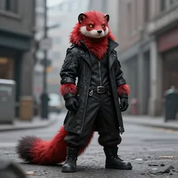 red fursona longtail stoat | photorealism | urbanscene coalpunk masculine fursona black