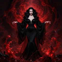 style of hubert robert, rafeal albuquerque : : gorgeous willa holland : : evil vampire, swirling blood magic, black dress : : symmetrical face, symmetrical eyes : : full body pose : : gorgeous black hair : : magic lighting, low spacial lighting : :