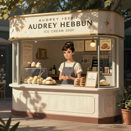 audrey hepburn ice cream shop, detailed illustration by tim doyle