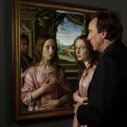 nicholas cage twins, sisters, in the void, by the mirror, station, alex colville, otto mueller, stephen conroy, sandro botticelli, andrew newell wyeth, daniel maidman yussi picho octane rendering