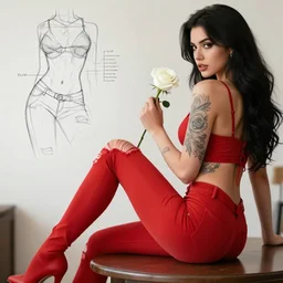 red ripped jeans tattooed sexy girl sits on a table holding a white rose, deep focus, turnaround, character sheet, intricate, elegant, highly detailed, digital painting, artstation, concept art, matte, sharp focus, illustration, hearthstone, art by artgerm and greg rutkowski and alphonse mucha.
