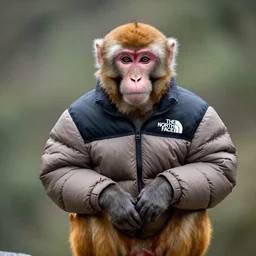 a monkey wearing a the north face puffer jacket