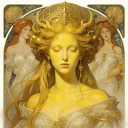 stunning god of dreams portrait, yellow skin, fantasy, intricate, elegant, highly detailed, digital painting, artstation, concept art, smooth, sharp focus, illustration, art by krenz cushart and artem demura and alphonse mucha and tony sandoval