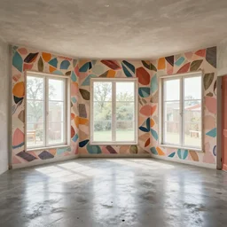 colour 3 5 mm, empty small penthouse interior, open shiny concrete floor, big windows, beautiful paste wallpapers, stucco,