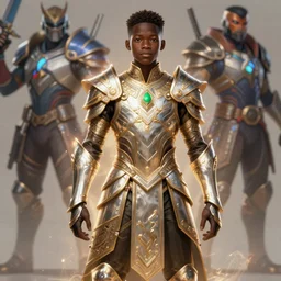 nigerian boy wearing regal ornate armor, battle stand, smooth, intricate, elegant, power aura, digital painting, artstation, concept art, high tech fantasy, sharp focus, illustration, art by james jean and justin gerard, overwatch character
