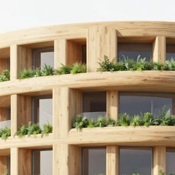 futuristic detail of a timber building facade with windows and vegetation