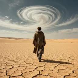 a man in a cloak walking on a desertic and crackled landscape, swirly clouds in the background, art by aaron horkey and moebius, high details, contrasted colors, cinematic, cgsociety 8 k