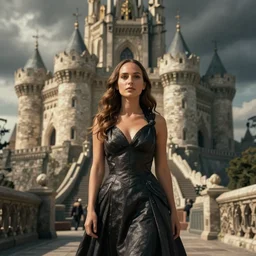 hyperrealistic sci - fi photo of natalie portman standing in front of a castle