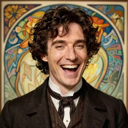 portrait of happy laughing sherlock holmes with a background in the style of mucha. detailed. hd