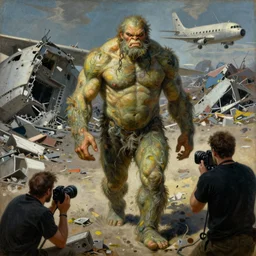 renaissance grotesque full body portrait painting of angry bodybuilder swamp thing walking to the camera, camera puller back far, in a plane crash wasteland, landfill, elegant artwork by lee bermejo and greg rutkowski and alphonse mucha