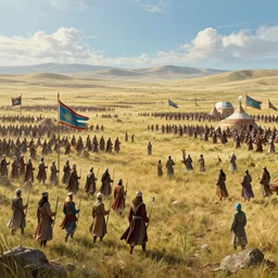 A Kazakh khanate medieval landscape of the army with Turkic flags by simon stålenhag, rendered by Beeple, by Makoto Shinkai, syd meade, concept, digital art, unreal engine, WLOP, trending on artstation, 4K UHD image, octane render,