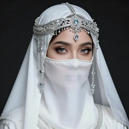 a beautiful woman wearing a white niqab made of silver with jewelry and diamonds by karol bak, ayami kojima, arabian eyes, concept art, fantasy