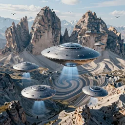5 unique UFOs flying over swirling stylized dolomites, birds eye view