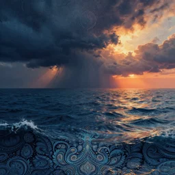 terrifying psychedelic stormy 🌊 ocean, paisley pattern ripples, backlit, sunset, refracted lighting, outdoors, paisley pattern, elegant, 8 k resolution, intricate and fine details, digital painting, artstation, illustration, psychedelic ocean art, krenz cushart, alphonse mucha