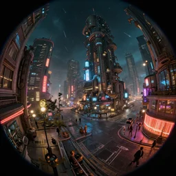 fisheye lens shot of tech - noir dystopian city, streets, meteors in the sky, incandescent lights, neon signs, people walking, peter morbacher, ross tran, greg rutkowski, intricate details, extravagant, trending on artstation, cinematic lighting, digital painting, sharp focus, no blur, octane render, artgerm