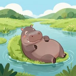 sad hippo waking up in a beautiful river landscape, kids book illustration, trending on artstation