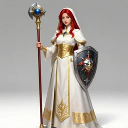 Full-body picture of beautiful young priestess, White and gold robes, red waist-long hair, mace and shield, dungeon and dragons, high fantasy, alluring, artstationhd, artstationhq, trending in artstation, safebooru