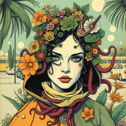 risograph grainy drawing vintage sci - fi, antagonist girl, moebius color palette, face covered with plants and flowers, wearing futuristic scaphander with lot of vires and tentacles, exotic plants around and on the background, parking lot, painting by moebius and satoshi kon and dirk dzimirsky close - up portrait