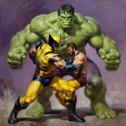 Wolverine fighting the Hulk by Frank Frazetta and by Joe Jusko and by Alex Ross, oil painting, detailed, proportional, trending on art station, 4k