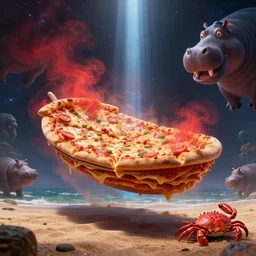 a layered pizza dream boat floating in the cubic space of cosmic terror, illumination ray tracing hdr, blobfish made of pizza on the beach, ( crab ) covered in pizza with red mist coming out the pizza. unreal engine, epic scenery, national geographic, hungry hippos, by petros afshar and chiho aoshima