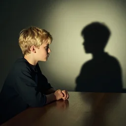 a meeting between a blonde boy and his shadow self from an alternate world.  cinematic