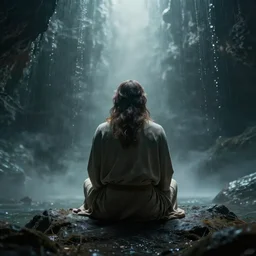 god sitting in the abyss, from back, professional photography