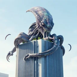 A giant Kraken-like multi-eyed monster jumped up on a high-rise office building and wrapped his tentacles all around him. High detail, aerial view, photorealism, concept art, octane render, 8k