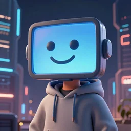 Monitor head media concept - 3D illustration of hoodie wearing character with smiling computer display face standing in futuristic cyberpunk city