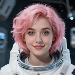 portrait photograph of beautiful!!!! young female , symmetric face!, symmetric round detailed eyes!!, slight smile, natural light, wearing a spacesuit!! with a very detailed space station background! . looking at the camera!!. short frizzy pink hair. super resolution. Extremely detailed. Graflex camera!, bokeh!!!!! trending on artstation.
